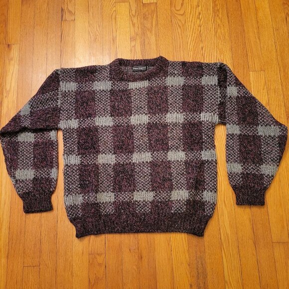 Peter England Gray Maroon Plaid Sweater Wool Blend‎ L Crew Neck Grandpacore - Picture 1 of 4